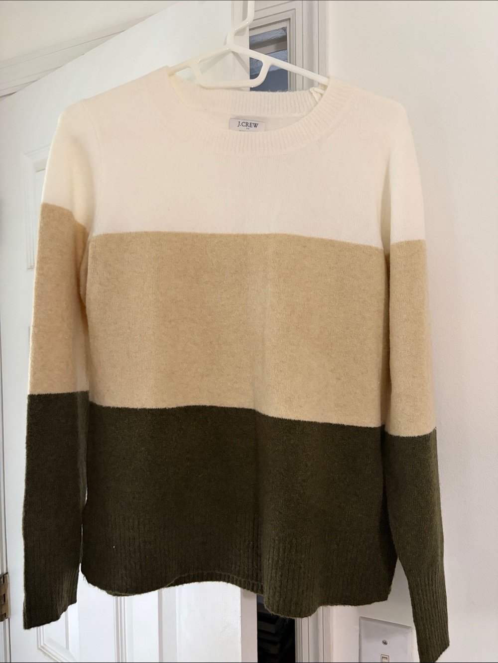J. Crew Cream, Tan & Olive Colorblock Crewneck Sweater Size S Extra Soft